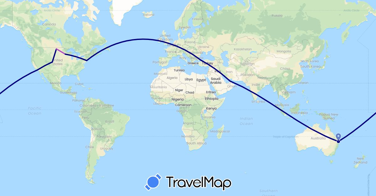 TravelMap itinerary: driving, train in United Arab Emirates, Australia, United Kingdom, Turkey, United States (Asia, Europe, North America, Oceania)